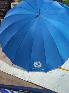 VINTAGE Blue Umbrella Wooden Handle BMW Germany Cars 70s RARE Applewood